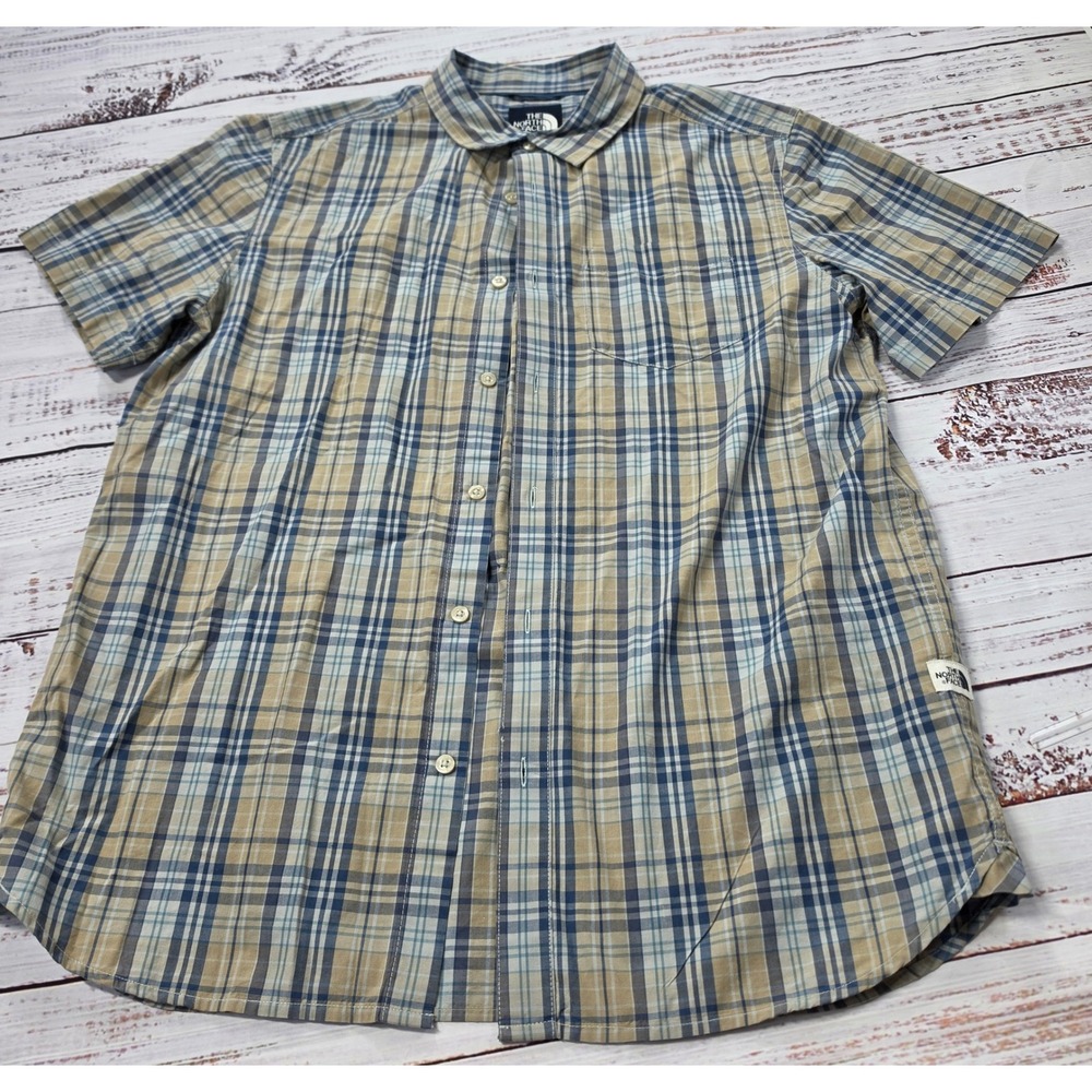 The North Face Button Up Shirt Mens L Blue Tan Excellent Plaid Short Sleeve